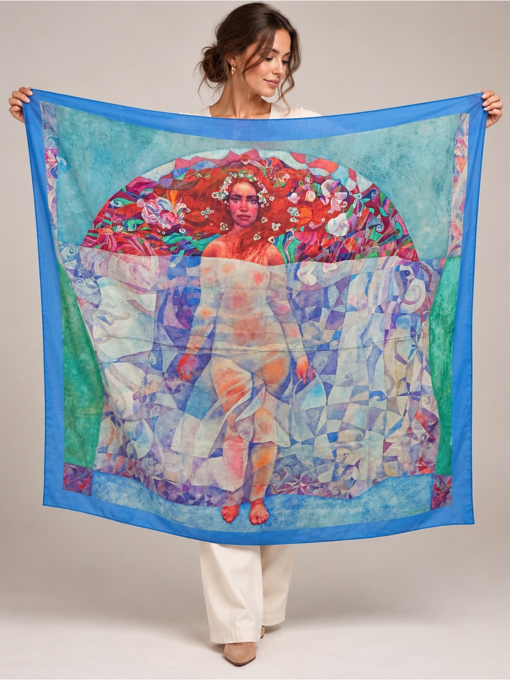 SERITHEA 100% Silk Spring Pearl Large Wrap Blue Artistic Scarf